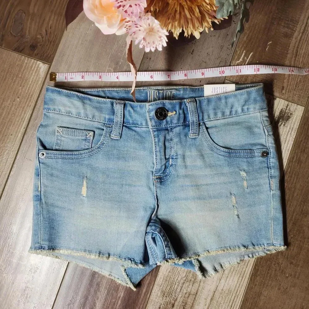 NWT Justice Girls Raw Hem Distressed Denim Shorts Size 10 Light Wash